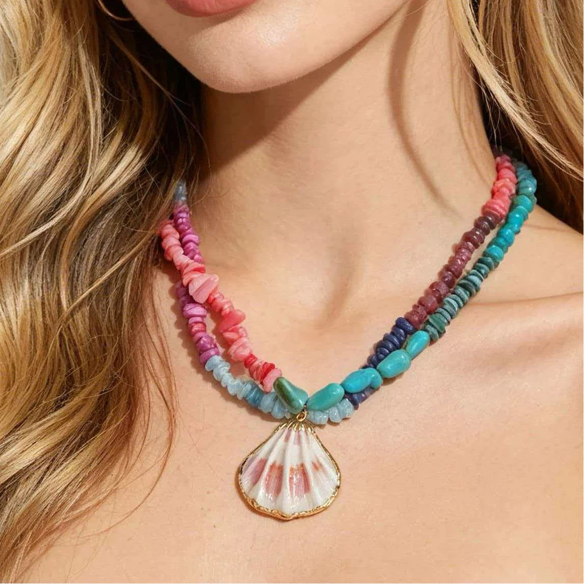 Bohemian Style Colorful Gravel String Edged Shell Pendant Necklace Niche Necklace Holiday Style Neck Accessories for Women