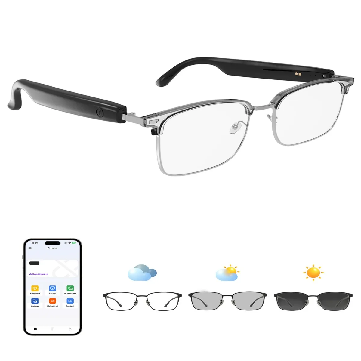 Lunettes intelligentes Bluetooth GS13 avec verres à teinte variable, traduction IA et audio à oreille ouverte pour appels mains libres en voyage et au travail