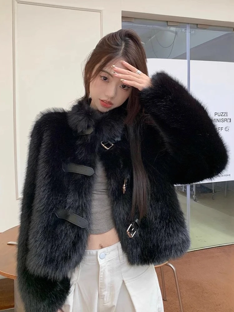 Korean Fashion Black Elegant Belt Button Fall Autumn Winter Warm Furry Coat Imitation Mink Velvet High Street Outwear