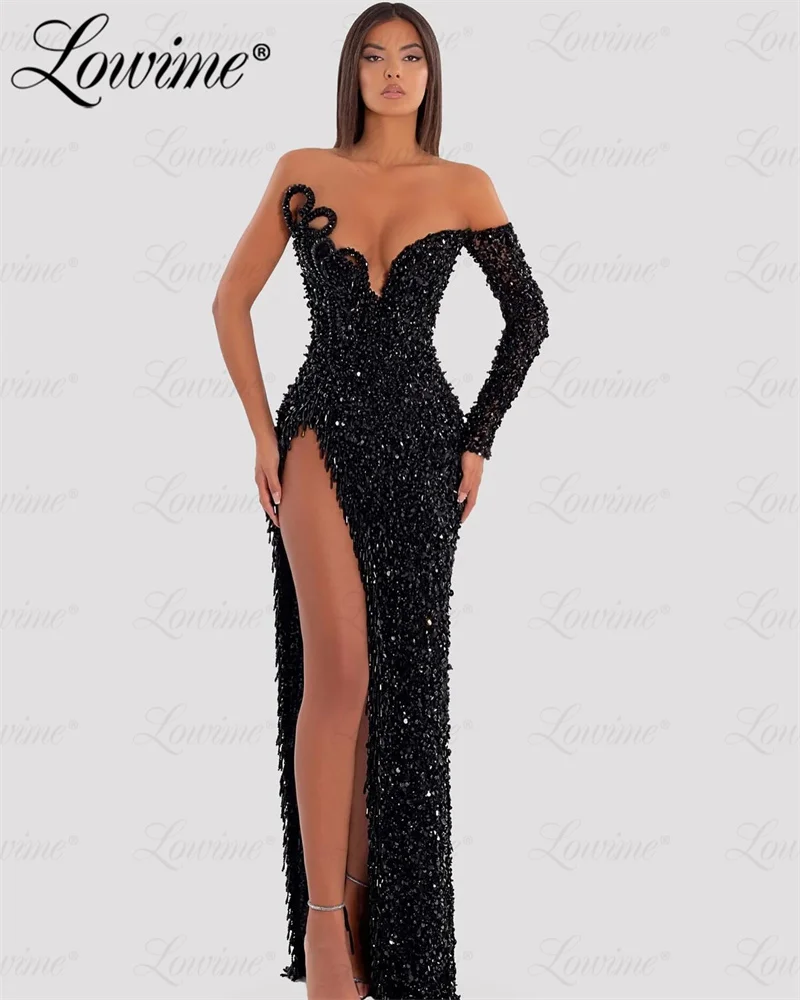 

2024 Custom Black Beading Crystals Evening Dresses One Shoulder Sexy Prom Dress High Split Side Tassel Heavy Hanmade Party Gowns