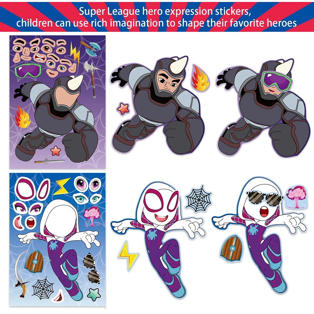 6/12Sheets Disney Marvel Puzzle Stickers Make-a-Face Spiderman and His Amazing Friends DIY Assemble Toys Jigsaw Kids Party Gifts