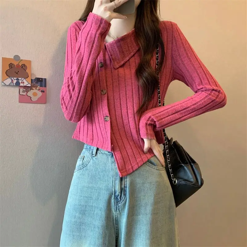 

Pink Irregular Design Long-sleeved Sweater Women Autumn Sweater Short Top Base Shirt
