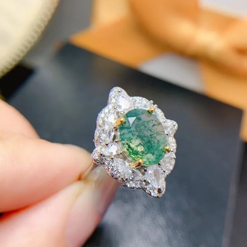 Natural Moss Agate Rings Solid 925 Silver Indian Agate Gemstone for Women Wedding Engagment Party Trendy Jewelry Gift
