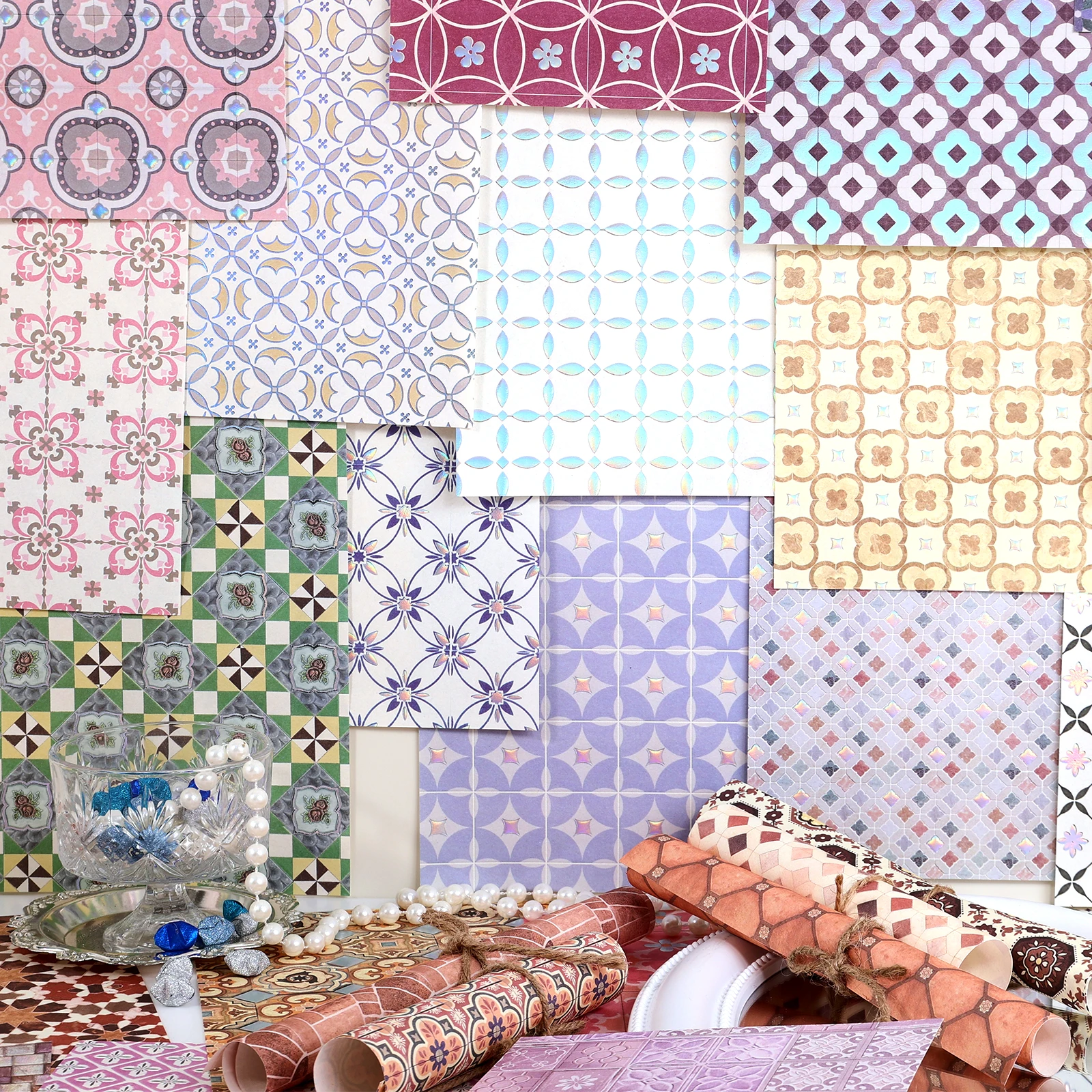 160 Sheets Vintage Scrapbook Paper Non-Sticky Ornate Patterns Grid Backgrounds Laminated Colorful for Junk Journaling Planners