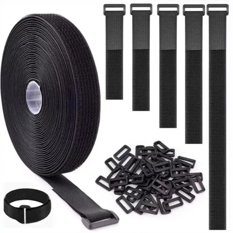 5 Meters Nylon Integrated Hook & Loop Cable Tie  Self-fastening Bundling Strap with Square Buckle for Wire Management