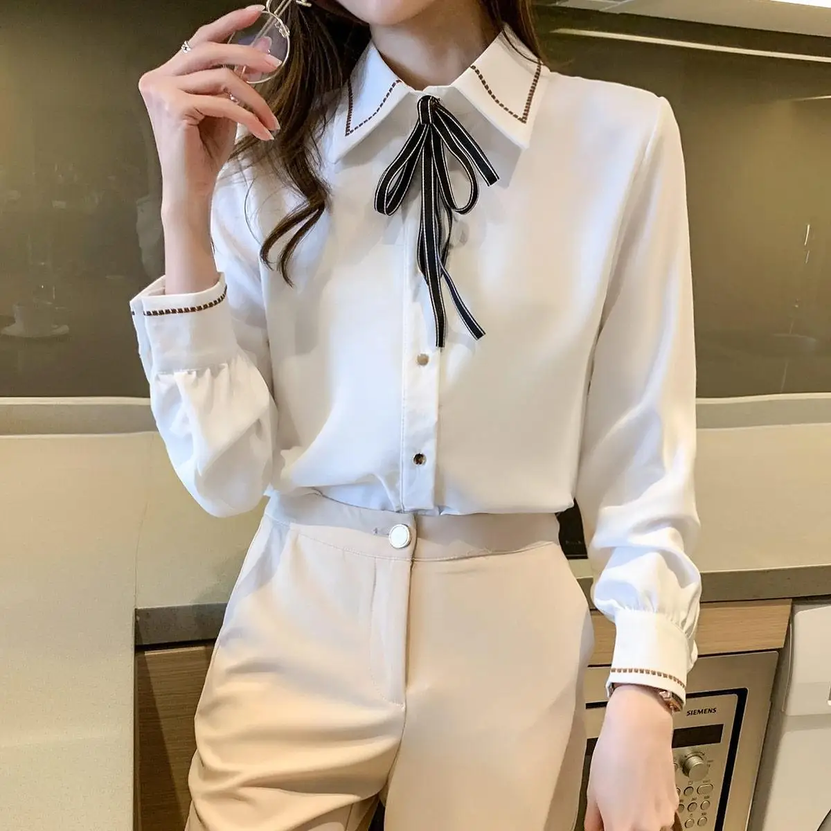 Women's Chiffon Shirt Women's New Long Sleeve Top Bottom Small Shirt Fashionable Western Style Shirt