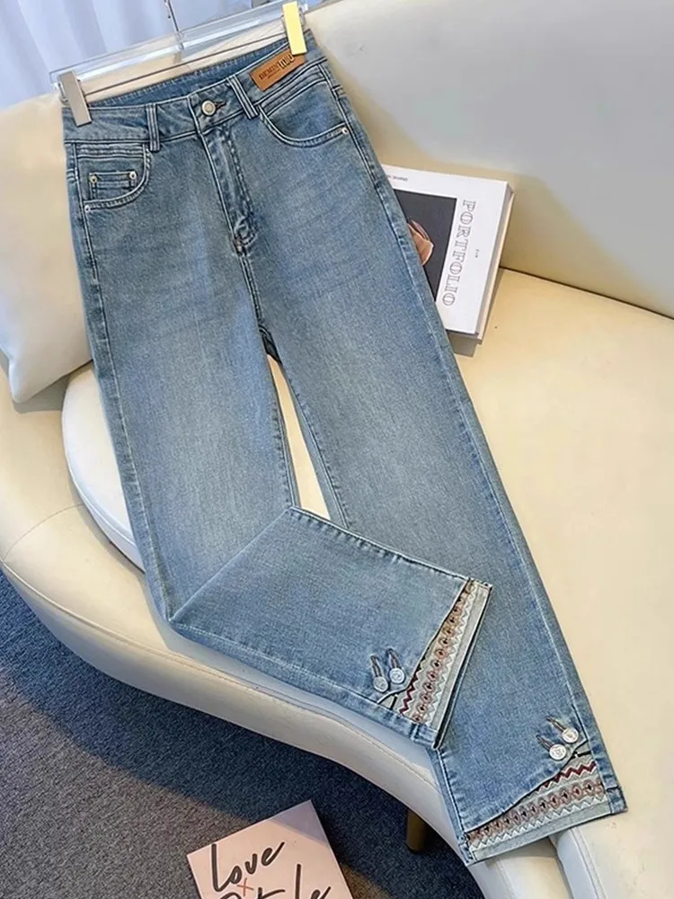 

Джинсы женские прямые с высокой талией, новая модель в китайском стиле, облегающие, длиной до щиколотки, повседневные, из денима, весна-осень, модные