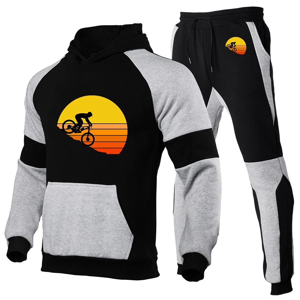 2026 Sports bike enthusiasts Print New Men's Sports Patchwork Cotton Set Spring Autumn Hooded Pullover+Casual Sweatpants Suit