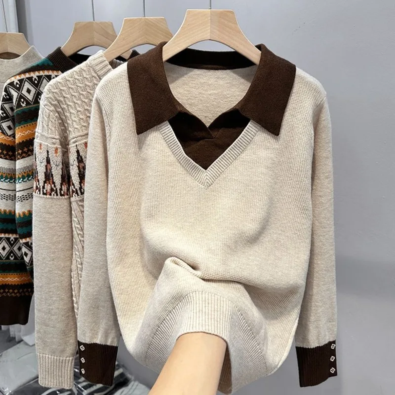 

POLO Collar Fake Two-piece Autumn Winter Knitted Sweater for Women Versatile Fashionable Loose Casual Bottoming Top