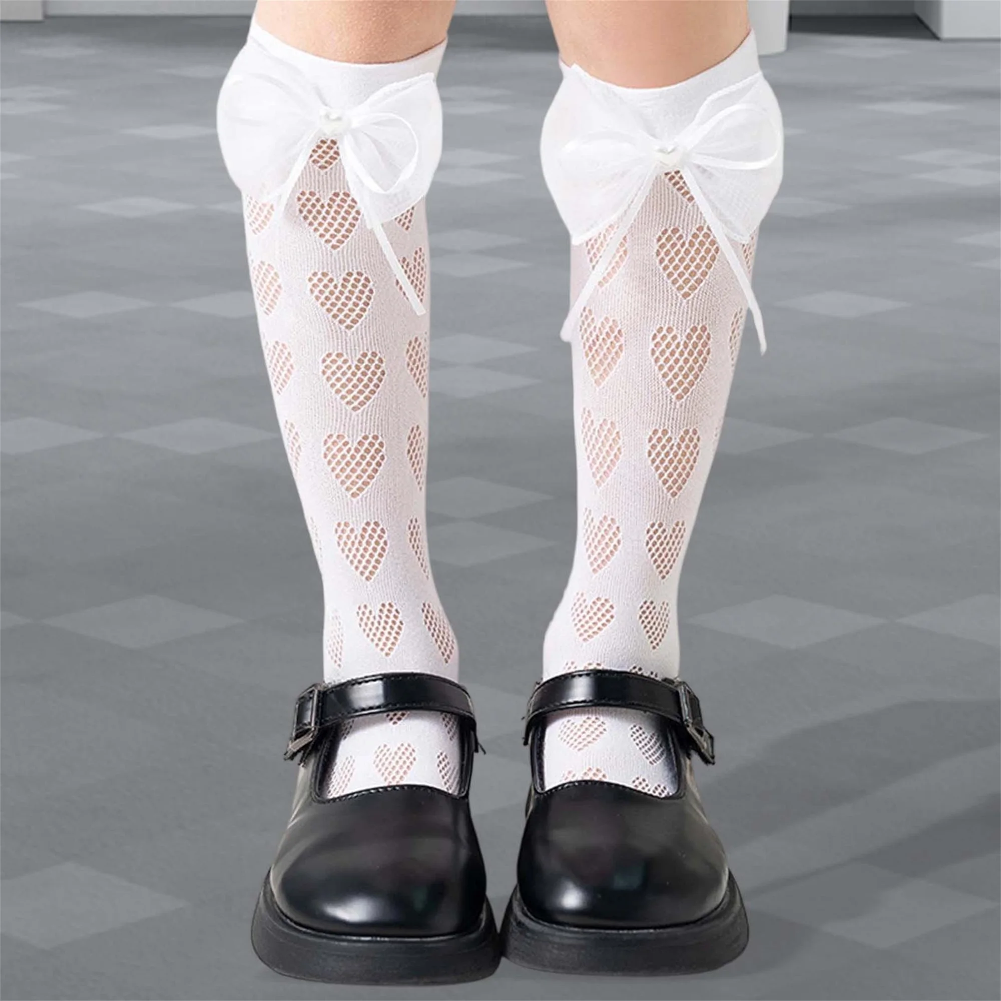 

Little Girls Knee High Socks with Bow Tie Decor Heart Hollow Out Cute Socks for Summer