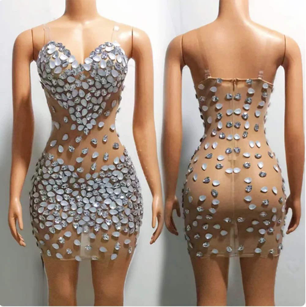 Sexy Mesh Rhinestones Stretch Dress Singer Performance Stage Clothes Sleeveless Party Banquet Dresses Drag Queen Costume