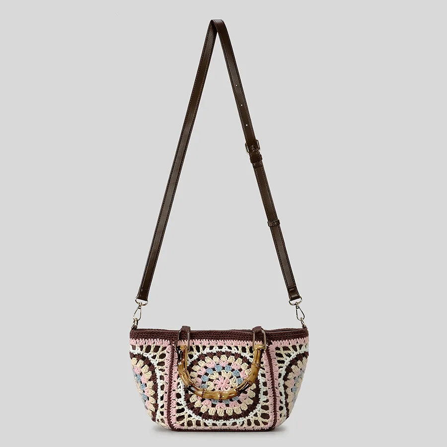 Lady bamboo Shoulder Bag Handmade Crochet Bag Woven Bag Fabric Strip Luxury Designer Handbag Purses for Women Tote Bags