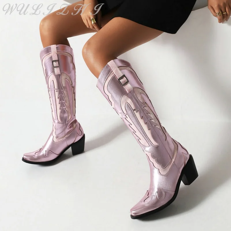 Pink High Heel Western Cowboy Boots Women's Sweet Belt Buckle ​​pattern Knee High Boots Elegant Pointed Toe Dress Shoes Ladies