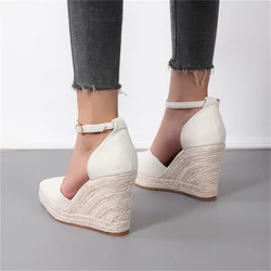 Buty na koturnie klamra na kostce sandały na co dzień obcasy letnie Gladiator Sapatos Mulher Sapato Feminino szpiczasty nosek buty Espadrill