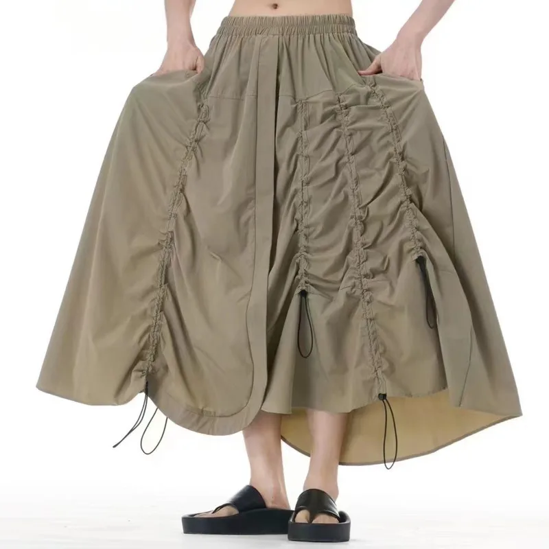 [EWQ] Elegant High Waist A-line Beautiful Ladies Clothing European Trendy Drawstring Design Khaki Irregular Skirt 2024 Autumn