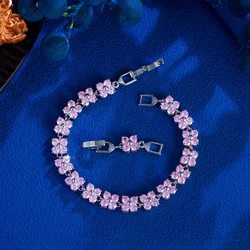 BeaQueen Exquisite Pink Cubic Zirconia Setting Crystal Flower Leaf Bracelet Bangles for Women Engagement Party Jewelry B277