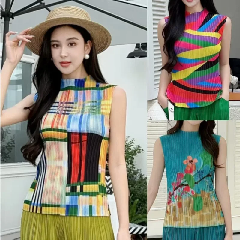 Miyake Pleated Printed T-Shirt New 2025 Spring and Autumn Miyake Wholesale Pleated Women's Tops Sleeveless Vest Women's T-Shirt