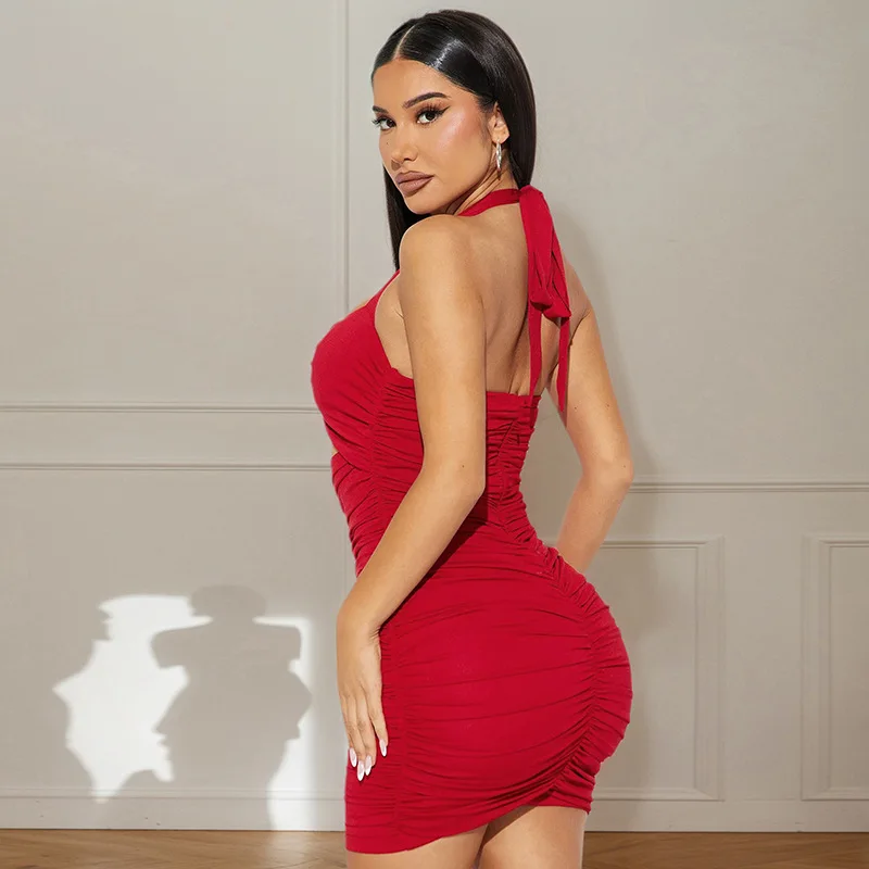 Leosoxs 2025 feminino em forma de coração decoração de metal recorte vestido sexy plissado halter sem costas bodycon mini vestidos festa clubwear