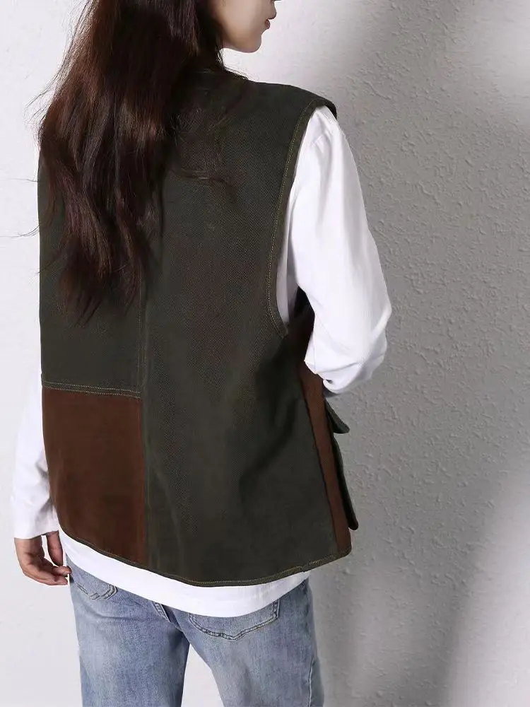 Vintage American Casual Heavyweight Washed Vest Multi Pockets Patchwork Unisex Loose Vest Jackets Coats with Zipper High Quality