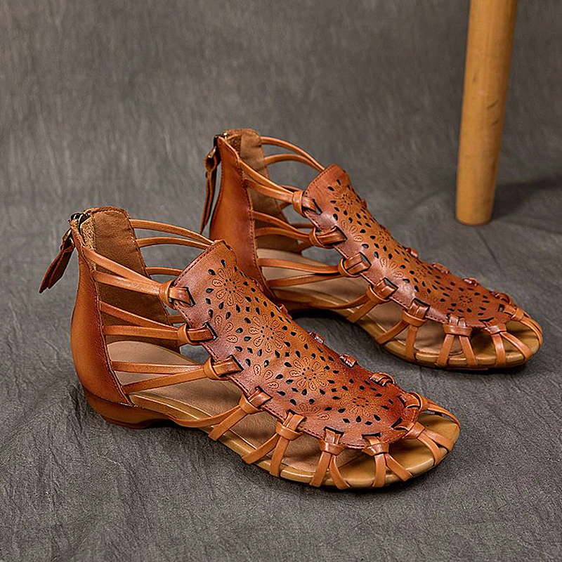 

Cow Leather Summer Women Sandals Ethnic Style Retro Hollow Carving Roman Sandals Outdoor Comfortable Soft Luxury Ladies Shoes