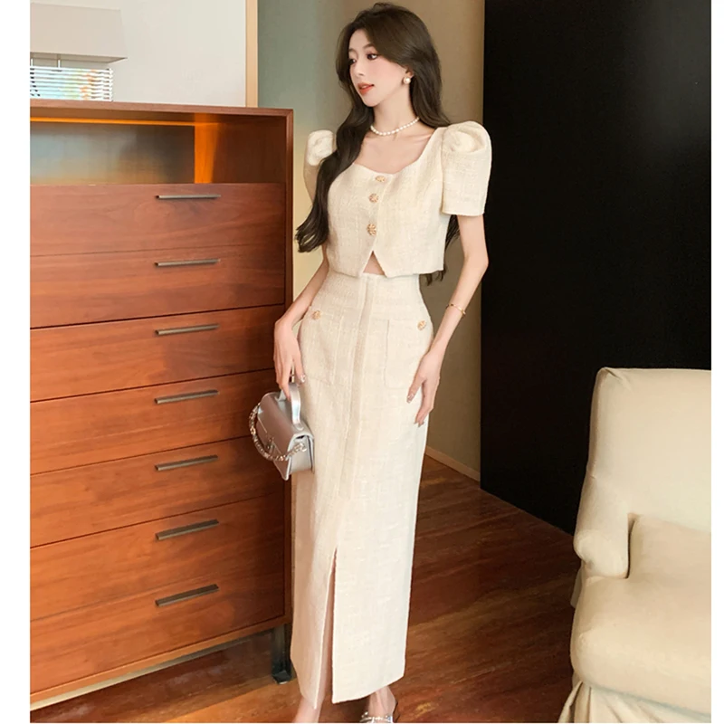 2024 New Summer Small Fragrant Women 2 Pieces Set Tweed Suit Single-Breasted Short Coats + Sexy Bodycon Long Skirts Lady Clothes