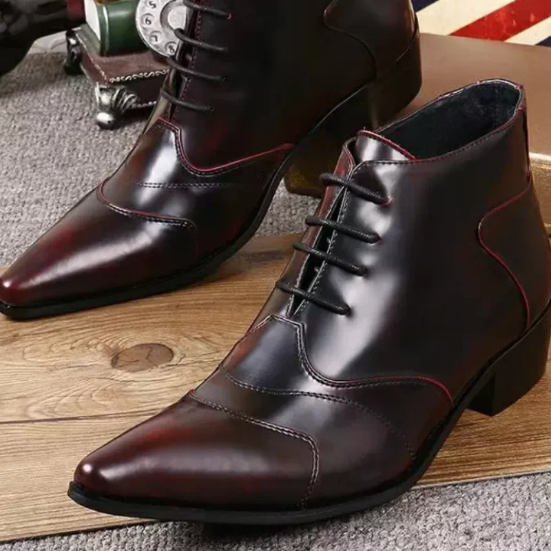 Sewing Lines Shoes for Males Pointed Toes Chunky Low Heels Crossover Strap Chassure Hommes Solid Zapatos De Hombre Pleated Boot