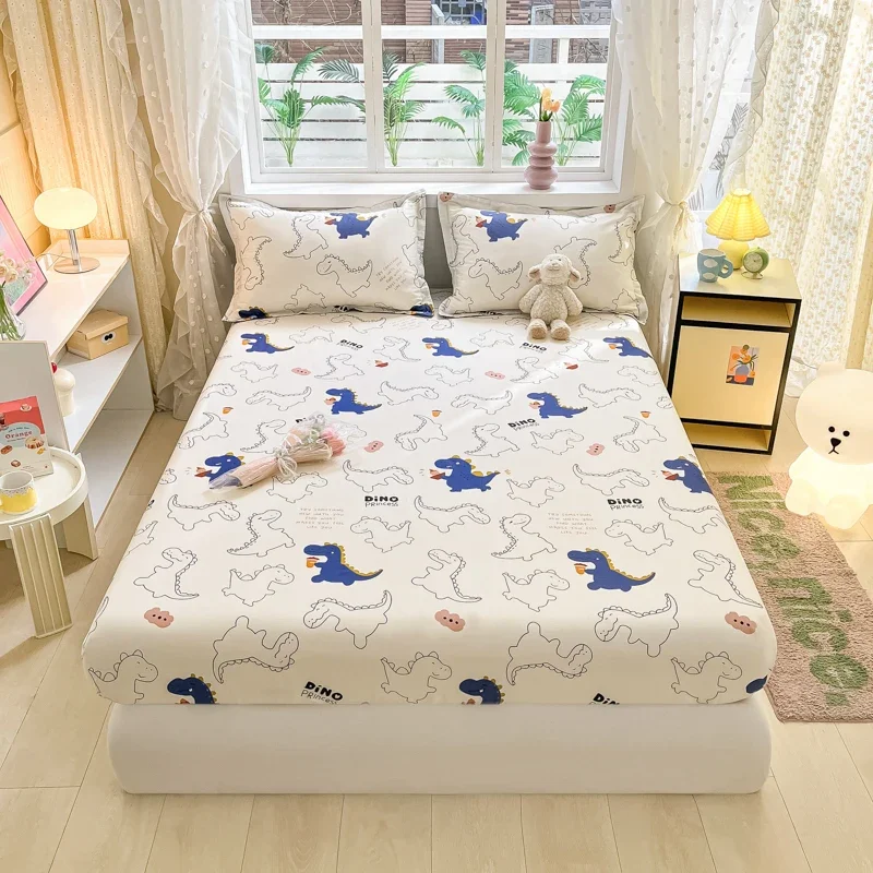 

Pure Cotton Cartoon Dinosaur Printed Fitted Sheet Set with 2 Pillowcases Skin-friendly Bedding Hotel Home Bedroom Decoration