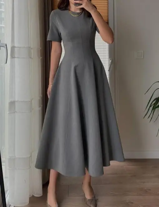 

Womens Dresses 2026 Spring Autumn New Solid Color Elegant Short Sleeved Casual Round Neck Temperament A-Line Long Dress