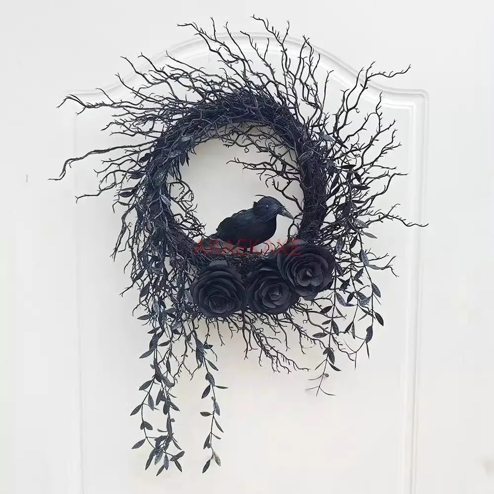 1pcs Halloween Decoration Crow Wreath Black Branches Halloween Flower Garland Wall Window Door Hangings Ornament Party Suppies