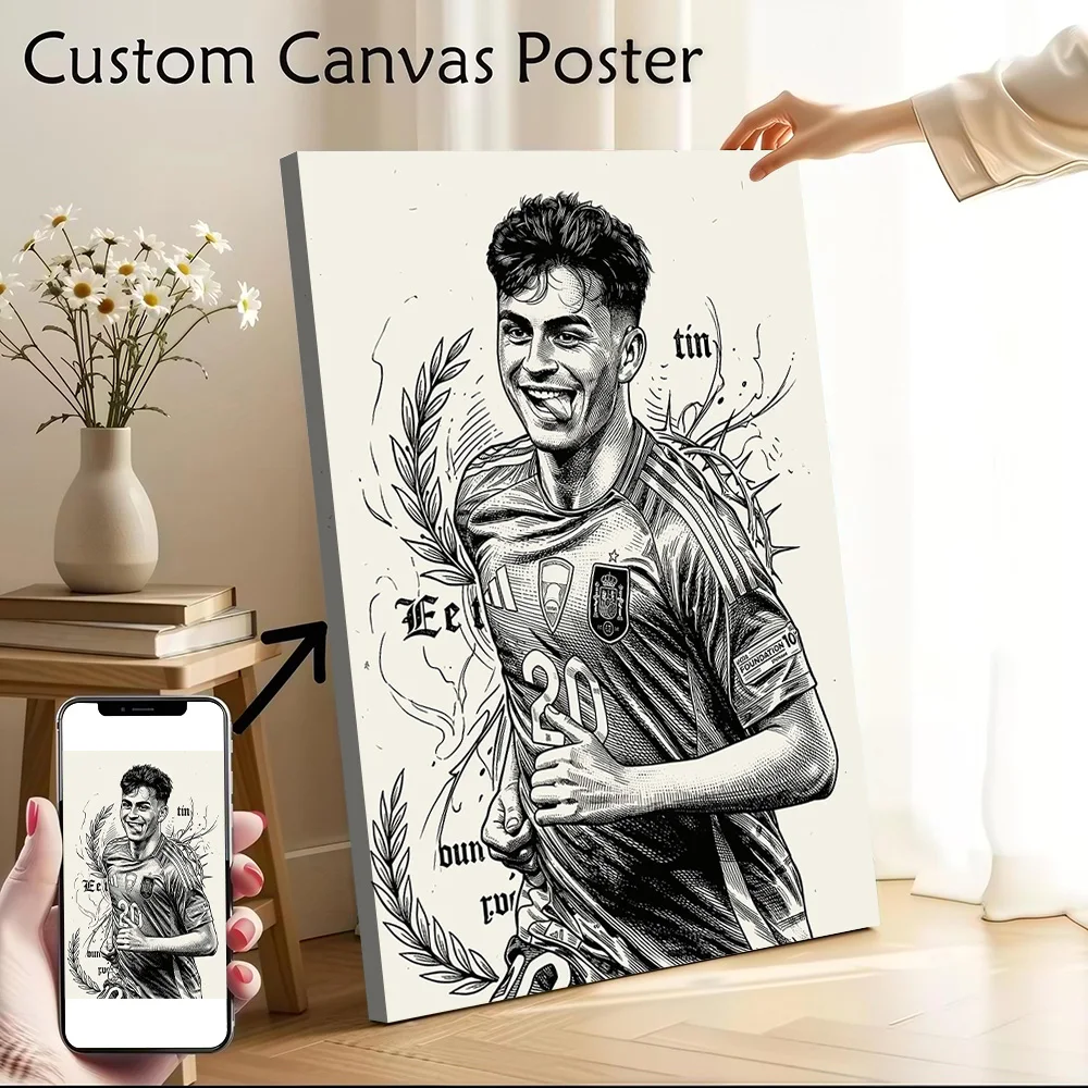Gavi With Spanish National Team Jersey Canvas Poster Wall Art Customizable High Quality Printed Picture for Bedroom Accessories