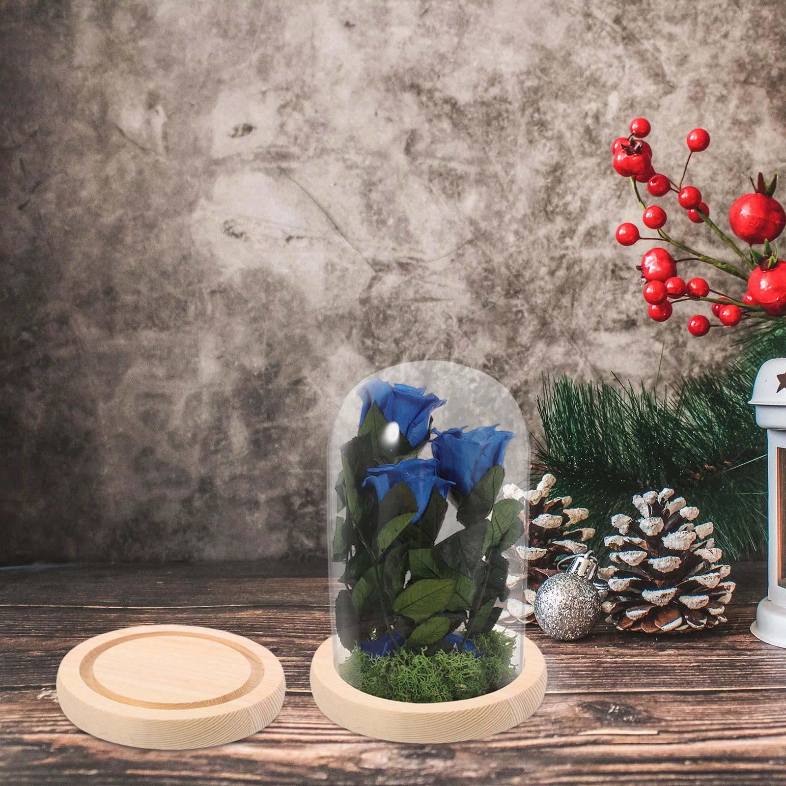 

2Pcs Clear Glass Dome Wooden Base Cloche Display Tray for Preserved Flowers Home Office Decor Glass Cloche Base