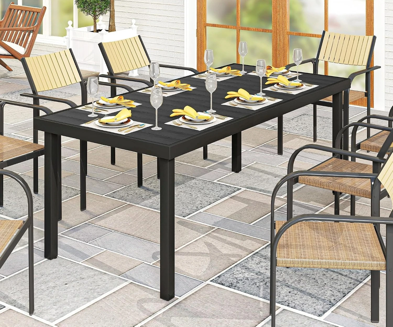 Large Rectangular Outdoor Dining Table For Eight People, Modern Patio Garden Furniture With All Weather Faux Wood Top And Aluminum Frame, Backyard Deck Lawn Host Station, Black