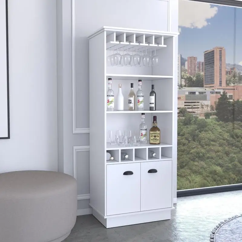 

70-Inch 10-Glass Bar Cabinet with 5 Cubbies & 3 Open Shelves, White Finish