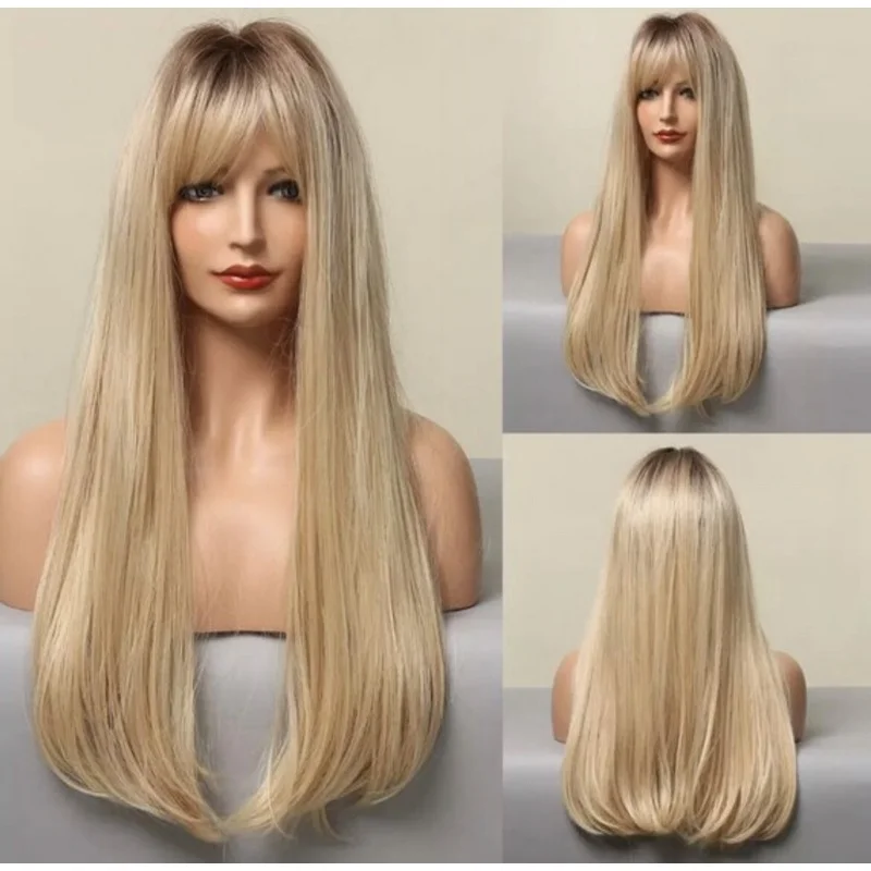 Long Straight Wigs with Bangs Blonde with Brown Root Ombre Synthetic Wigs for...