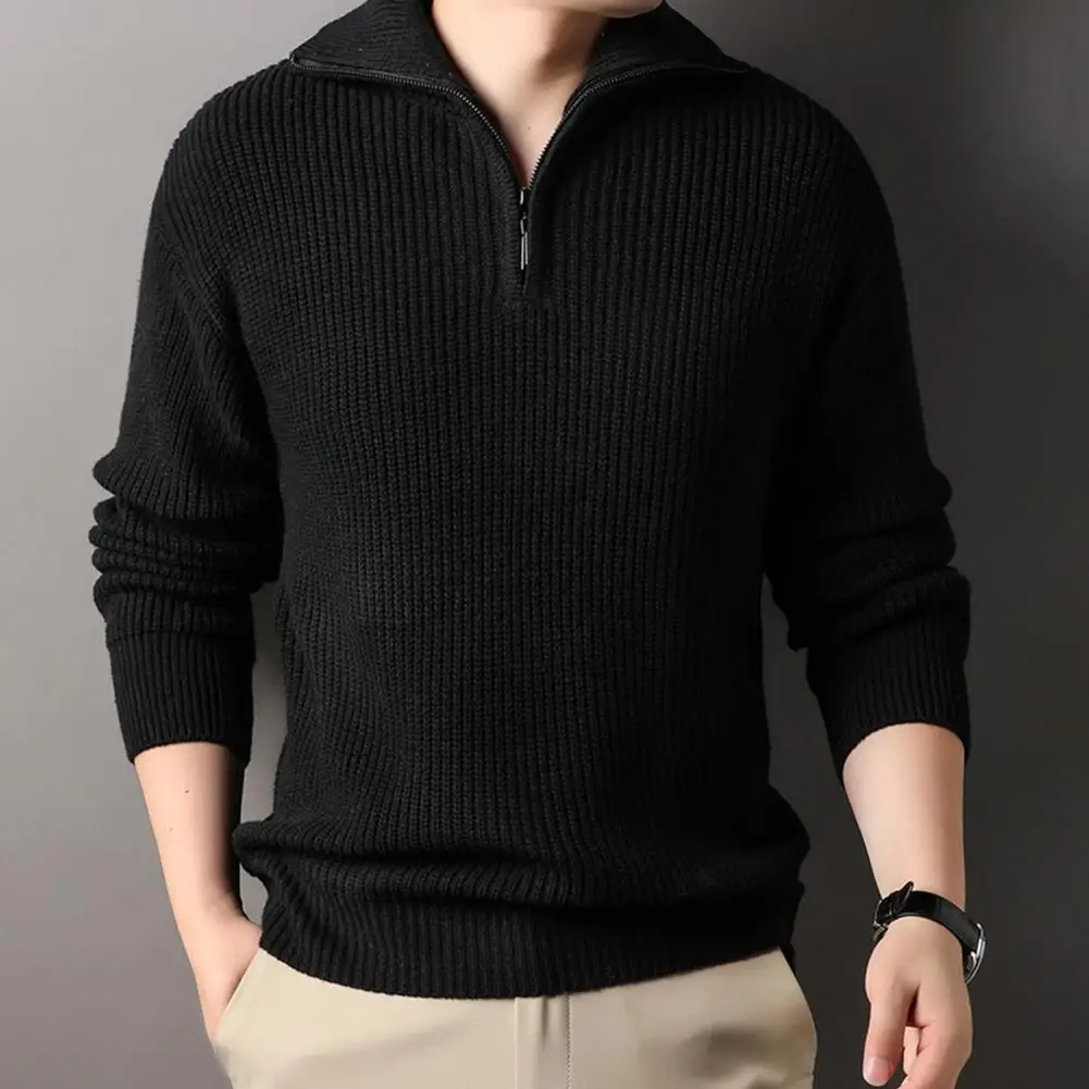 Men Sweater Men Top Stylish Men's Fall Winter Sweater with Lapel Half Zipper Retro Knitted Mid Length Solid Color Sweater for A