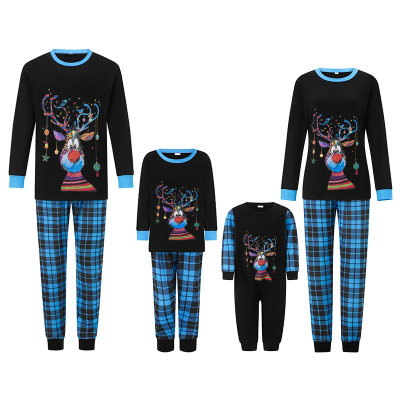 Family Matching Christmas Pajamas Set Reindeer Plaid Print Holiday Pajamas Sleepwear Dad Mom Kids PJs