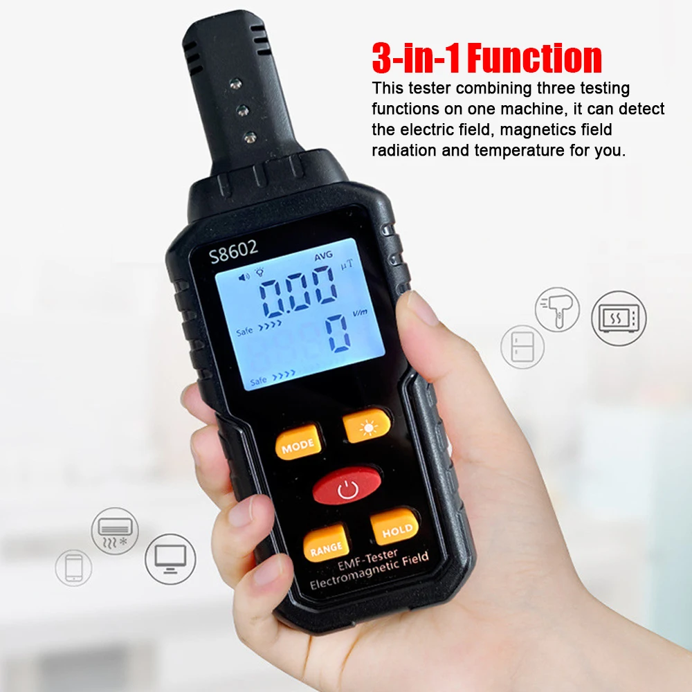 Handheld 3-in-1 Digital Radiation Dosimeter EMF Tester Electric Field Magnetics Field Temperature Detector Sound Light Alarm