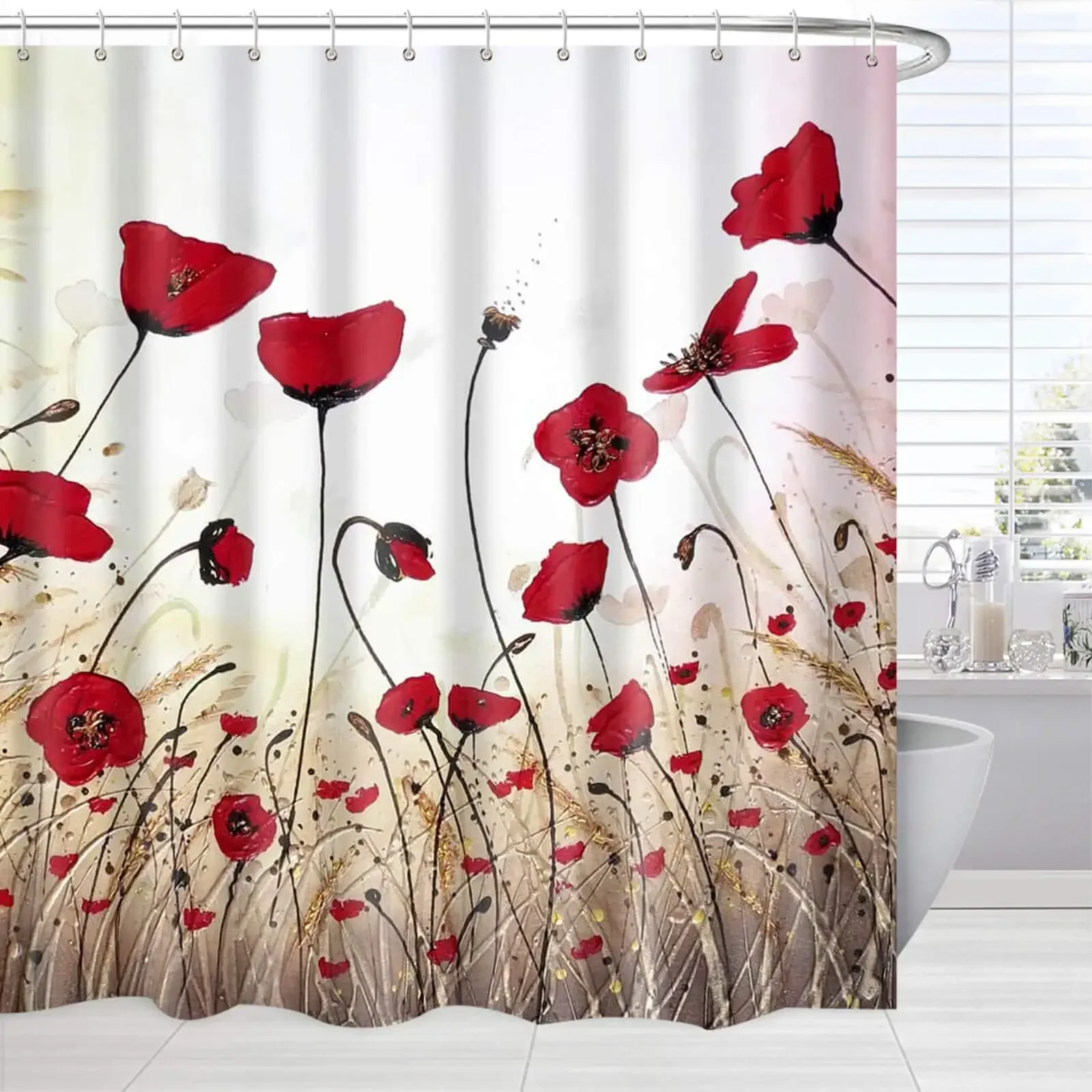 Red Poppy Flower Shower Curtain with Hooks, Washable Fabric, Bathroom Curtains, Floral