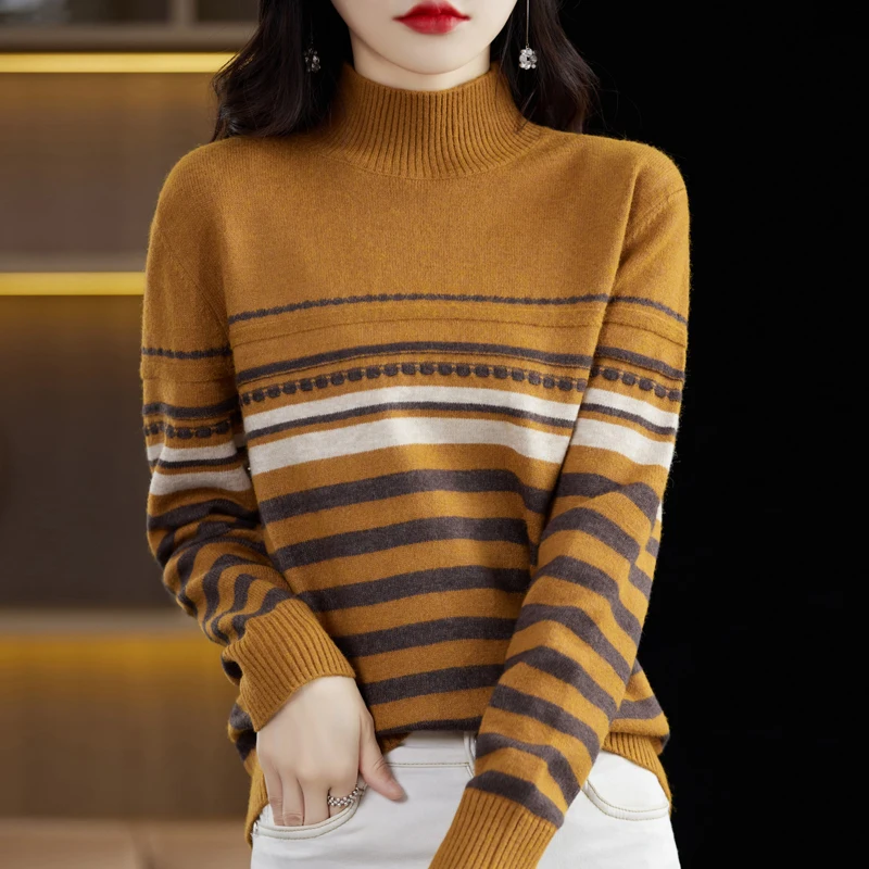 Women New Pure Wool Soft Sweater Half-high Collar Color Strip Pullover Autumn Winter Casual Versatile Knit Base Shirt Warm Top