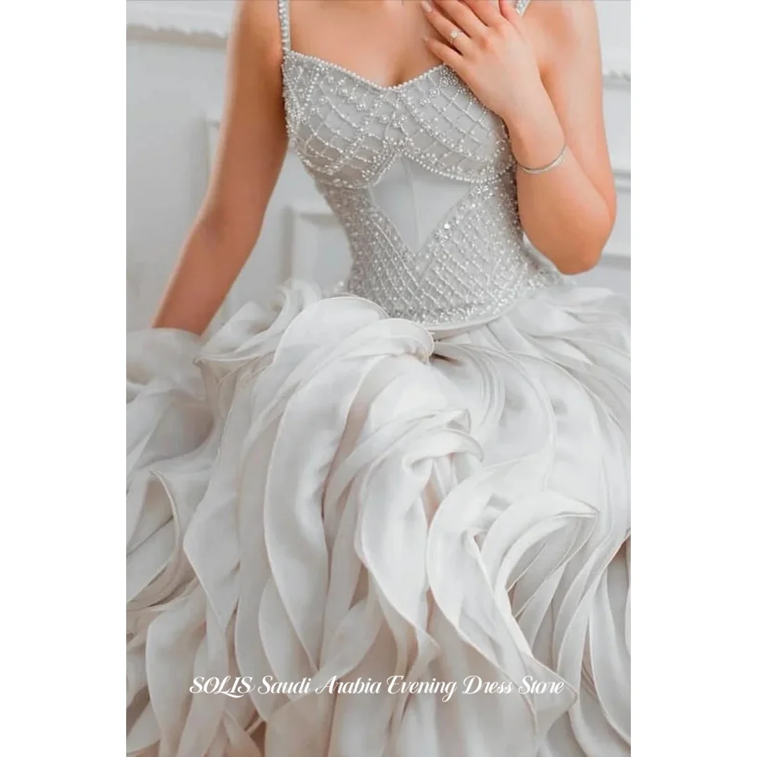 

SOLIS Luxury Spaghetti Strap Prom Dress Beaded Ruffle Organza Evening Dresses Sweetheart Handmade Pearls Party Gown Customized