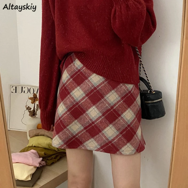 S-3XL Skirts Women Mini Plaid A-line Red Korean Style All-match Woolen Daily Casual Winter Tender Fashion Basic Designed Soft