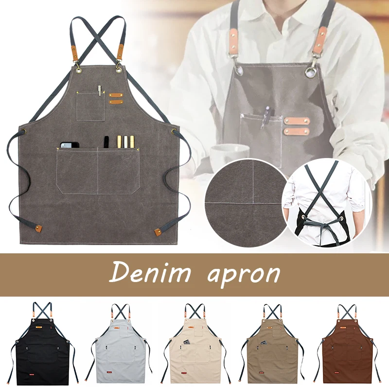 Chef Aprons for Men Women Heavy Duty Waxed Canvas with Pockets Tool Apron Comfortable Washed Cross Back Straps Adjustable