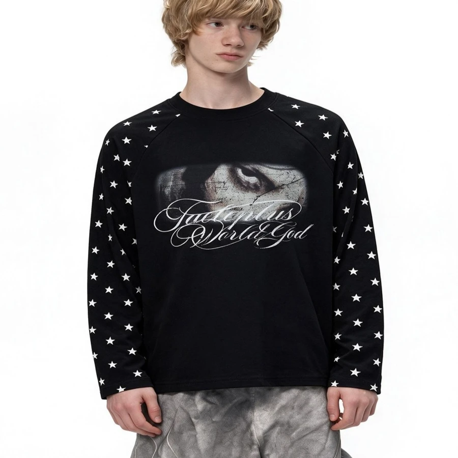 Y2K Goth Punk Vintage Portrait Cursive Script Graphic Unisex Long Sleeve Tee Star Print Dark Aesthetic Street T‑Shirt Loose Tops