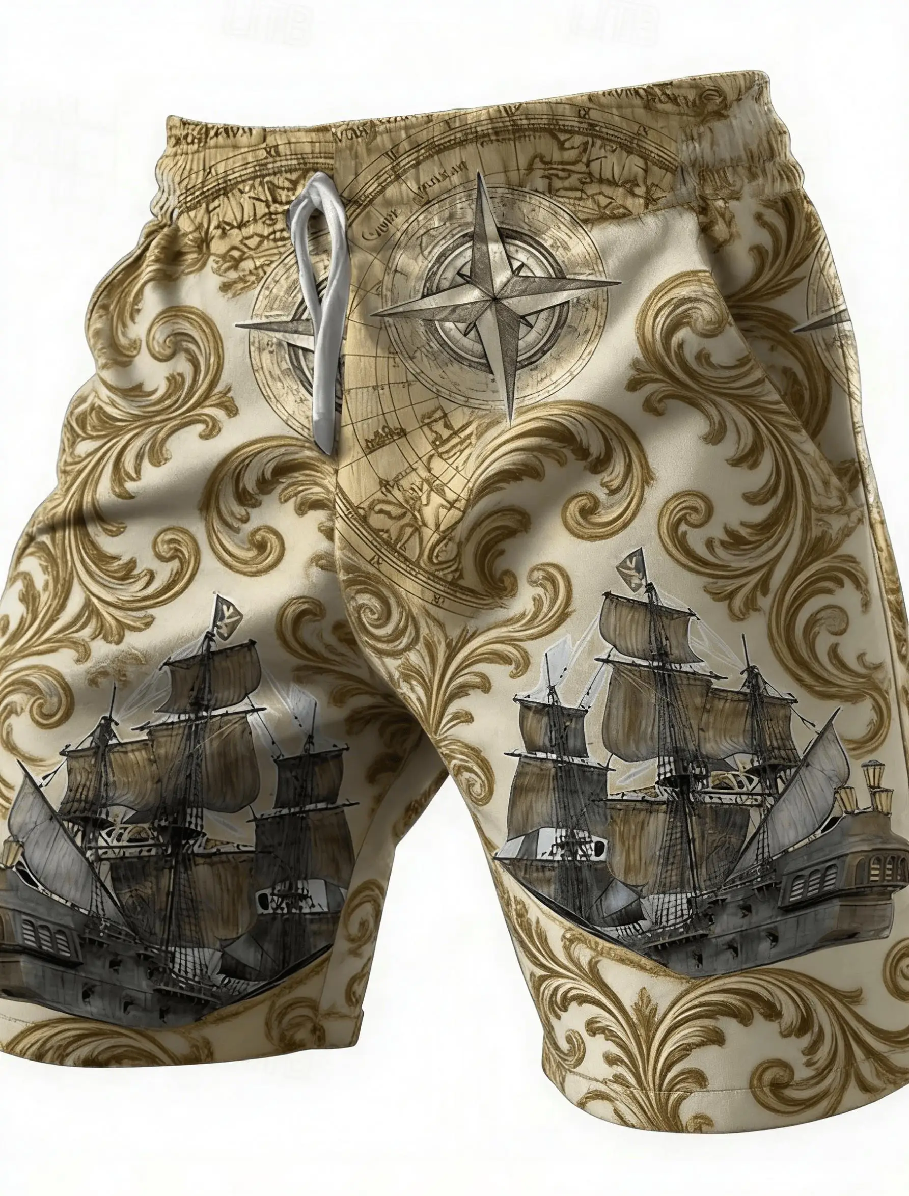 Men's Beige Vintage Sailboat Compass Print Drawstring Shorts, Spring Summer Nautical Baroque Casual Shorts, Pocket Beach Shorts