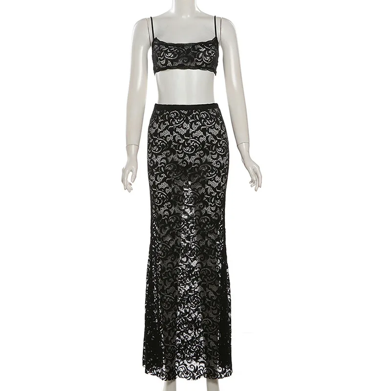 Lace See Through Two Piece Set 2024 Summer New Sexy Hollow Camis Crop Top Solid High Waist Long Skirt Beach Vacation Outfits