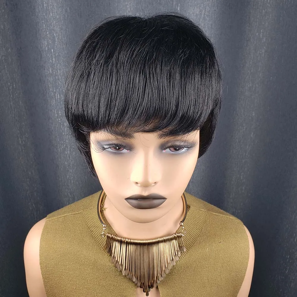Pixie-Perücken für schwarze Frauen, Echthaar, kurze geschichtete Perücken mit Pony, voll maschinell hergestellte, maschinell hergestellte Perücke in natürlicher Farbe