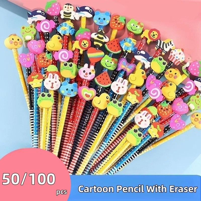 50/100Pcs Cute Cartoon Pencil with Eraser Kawaii Writing Pen HB Drawing Wooden Pencils Student School Stationery Supplies