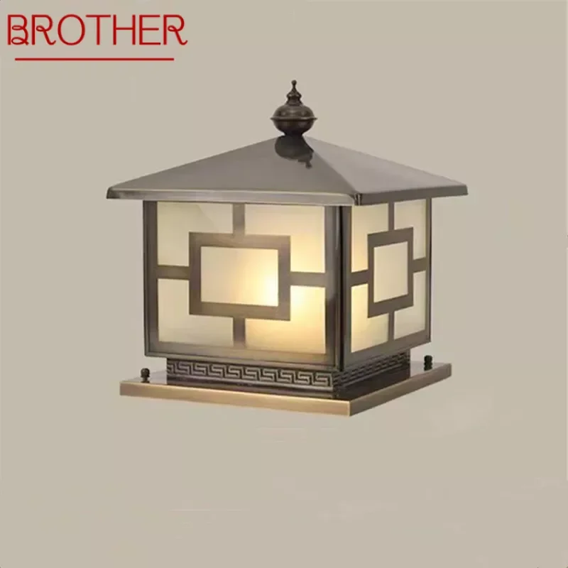 

BROTHER Outdoor Electricity Post Lamp Vintage Creative Chinese Brass Pillar Light LED Waterproof IP65 for Home Villa Courtyard