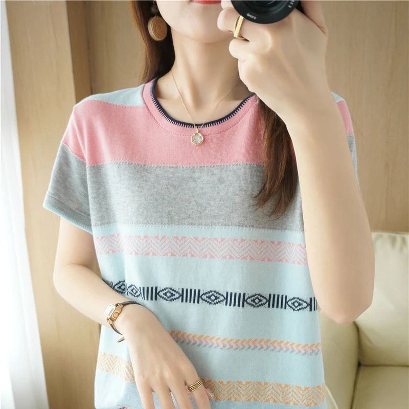 100% Cotton Short-sleeved Tees Summer Ladies O-neck Color-blocking Pullover Vest Stitching Contrast Color Base Knitted T-shirt