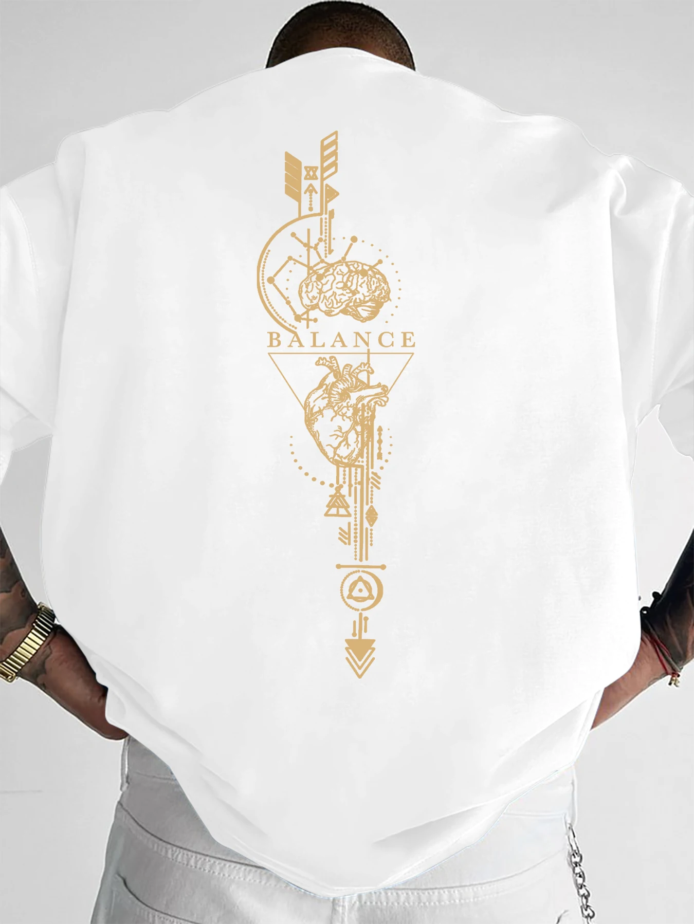 Balance Geometric Totem Print Oversized T Shirt Men's Spiritual Streetwear Vintage Tee，S-XXL